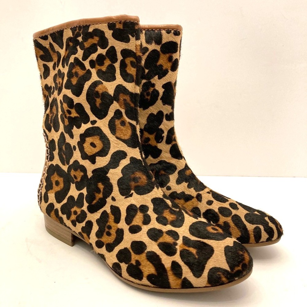 B Makowsky Renata Ankle Booties Leopard Print Calf Fur Women's 6 Brown NWT